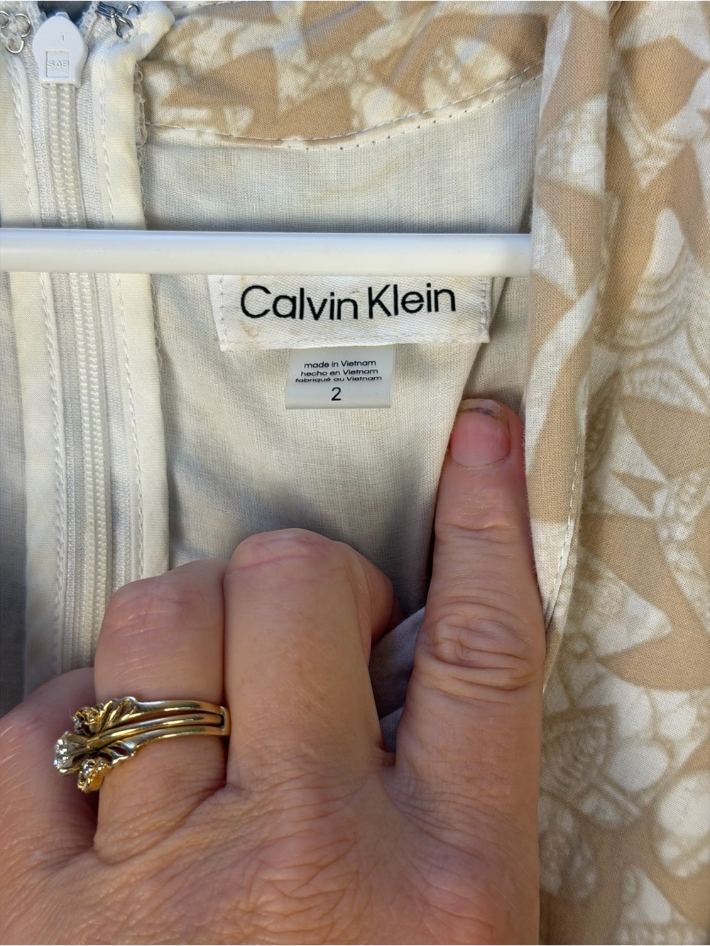 Calvin Klein Beige Floral Puff-Sleeve Midi Dress with Tie Waist - Picture 2 of 8